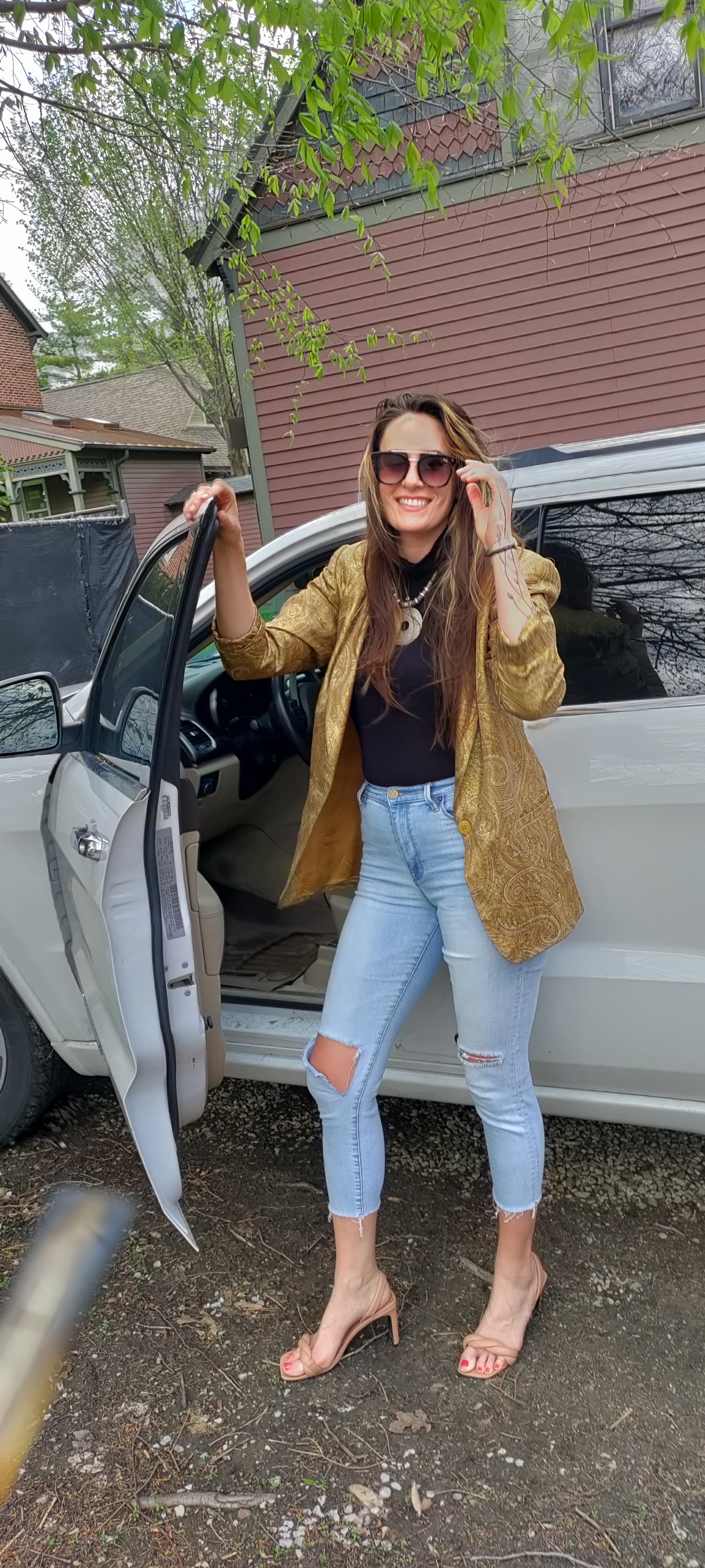 Haley portrait — gold blazer by car